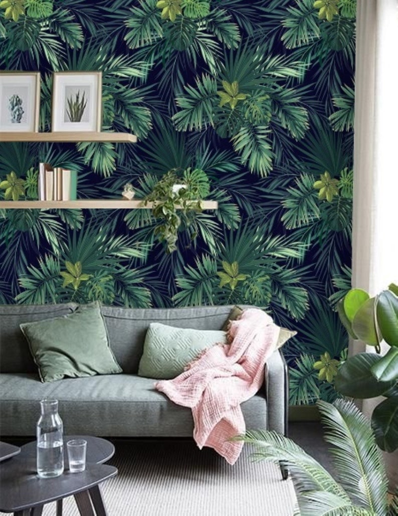 Tropical Palm Wallpaper Dark Leaf Wall Mural Removable - Etsy
