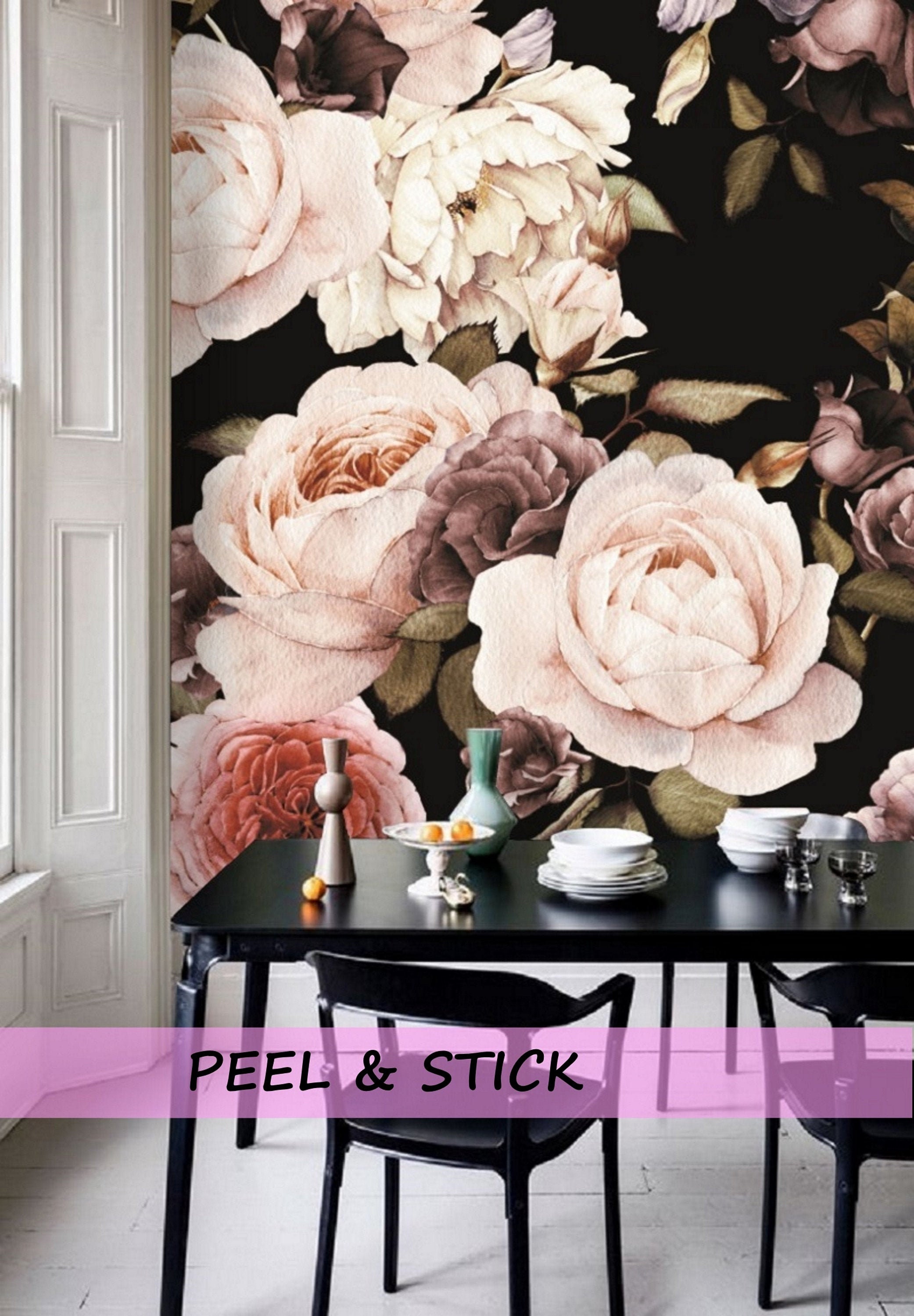 Removable Water-Activated Wallpaper Roses Red Black Flowers Florals Fashion 