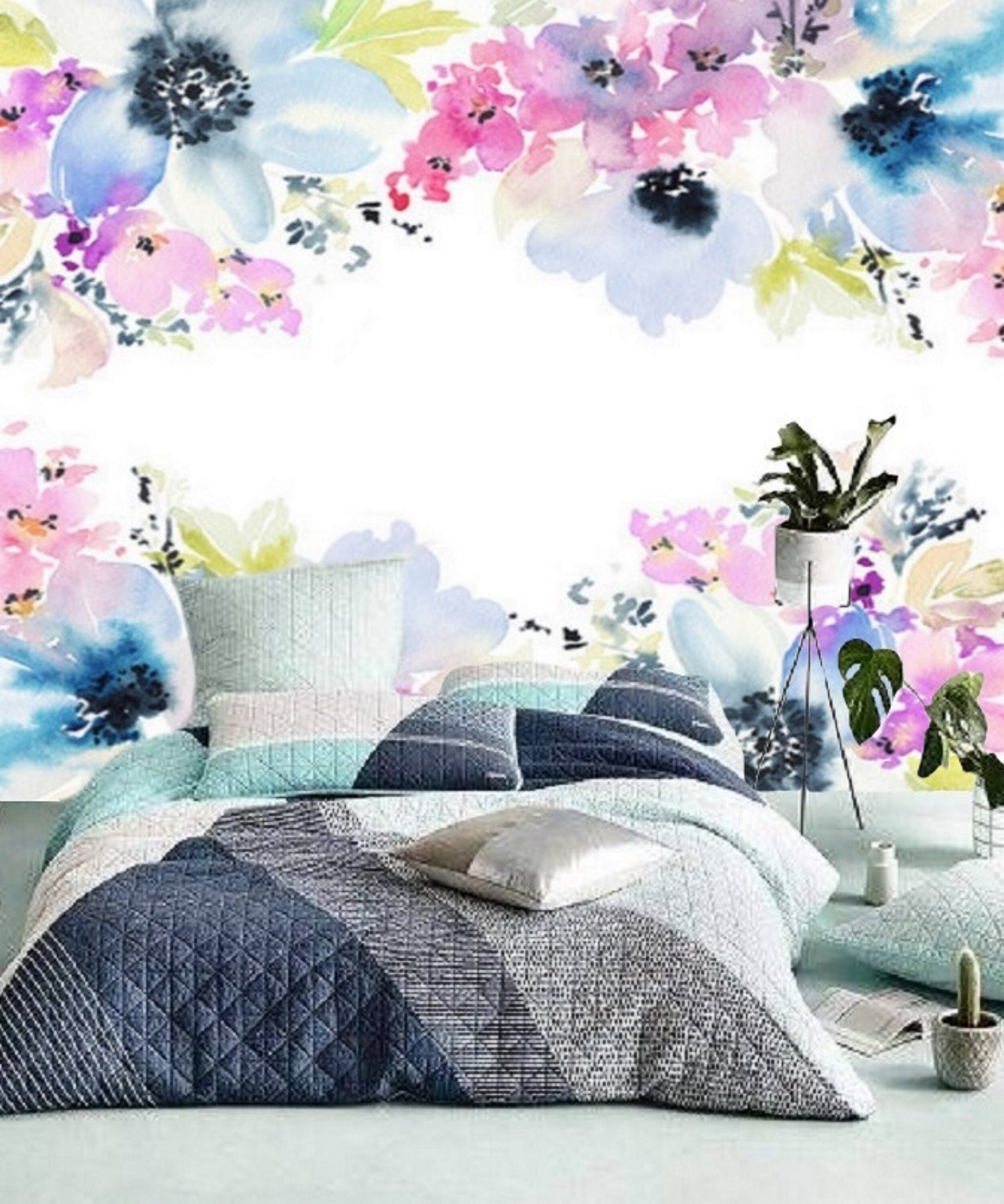 Blue Floral Wallpaper Mural Floral Wall Decal Nursery Etsy