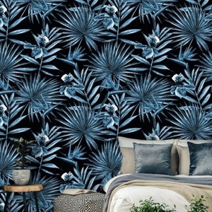 Blauw Palmblad behang, Peel en Stick Wallpaper Blauw, Palm Wallpaper Zwart, Tropisch Behang Zwart, Botanisch Behang Donkerblauw 102 afbeelding 5