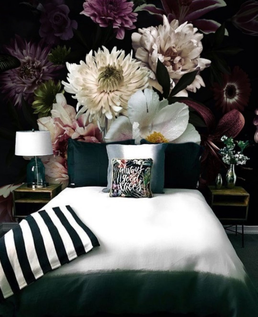 Dark Floral Mural Vintage Floral Wallpaper Peel and Stick, Black Floral