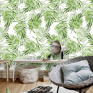 Green Palm Leaf Wallpaper, Nursery Neutral Leaves, Peel and Stick Wallpaper, Boho Tropical Wallpaper, Mural Wallpaper Greenery Prints 73 image 7