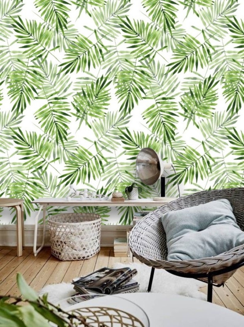 Green Palm Leaf Wallpaper, Nursery Neutral Leaves, Peel and Stick Wallpaper, Boho Tropical Wallpaper, Mural Wallpaper Greenery Prints 73 image 7