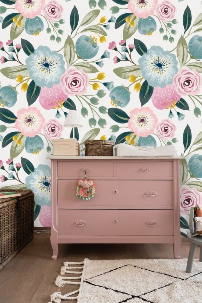 Girl Nursery Wallpaper Peel & Stick Pink Floral Wallpaper Etsy