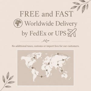 Shipping information graphic explaining free, fast worldwide delivery by FedEx or UPS, featuring a world map to illustrate international shipping and informing customers that no additional shipping charges apply.