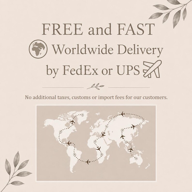 Shipping information graphic explaining free, fast worldwide delivery by FedEx or UPS, featuring a world map to illustrate international shipping and informing customers that no additional shipping charges apply.