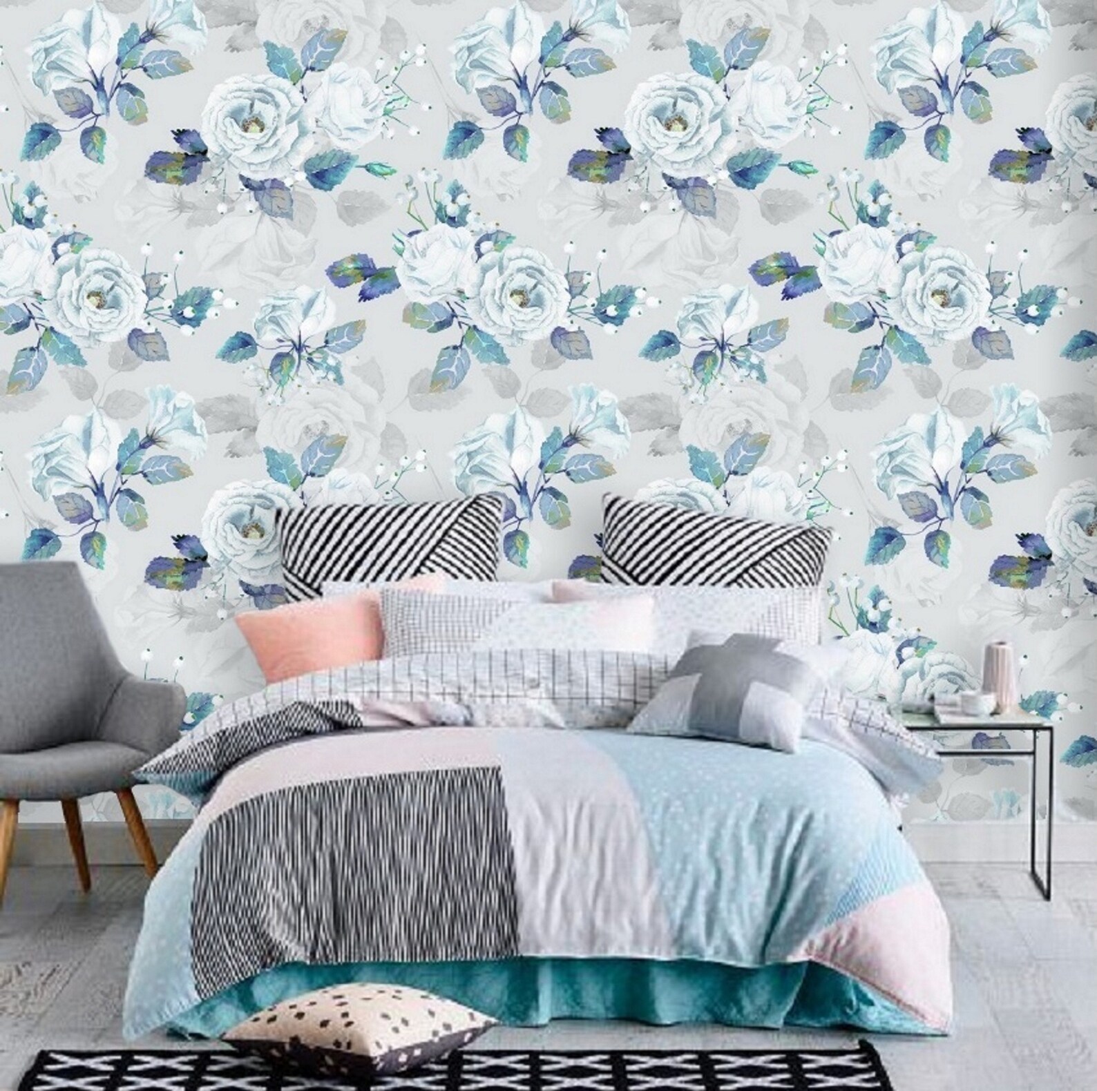 Blue Floral Wallpaper Self Adhesive Floral Nursery Girl Etsy