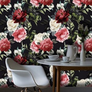 Pink Red White Flower Peony Wallpaper Black Background Removable Peel and Stick on Etsy
