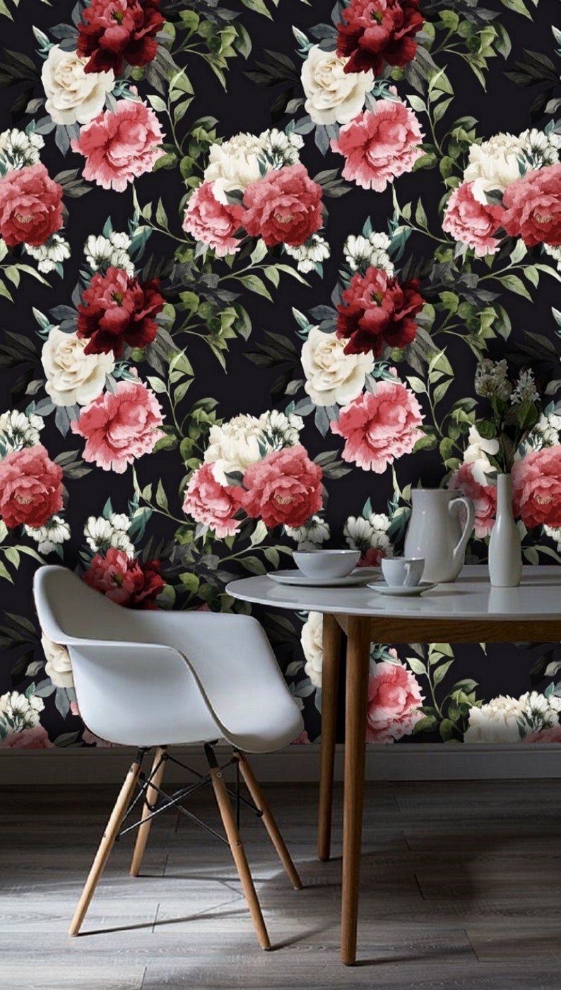 Pink Red White Flower Peony Wallpaper Black Background Removable Peel and Stick on Etsy