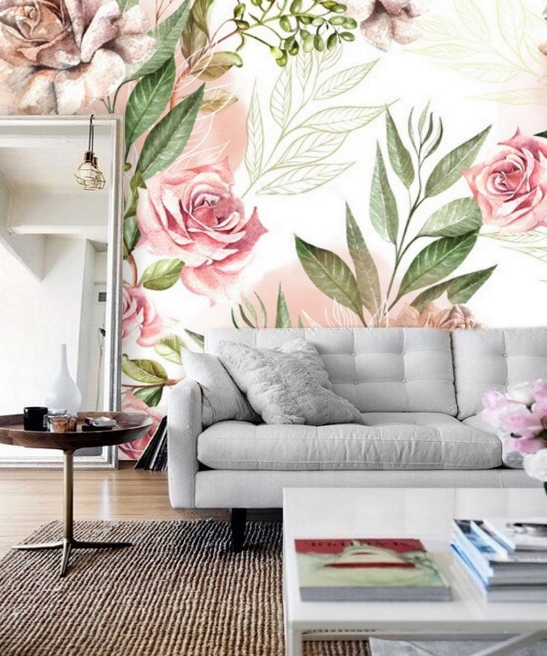 Rose Floral Removable Wallpaper Mural Floral Peel and Stick Etsy