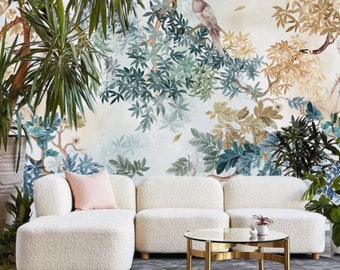 Watercolor Tree Branch Wallpaper with Birds and Leaves in Blue Green, Nature Scene Painting Mural in Vintage Style, Peel and Stick Wall Art