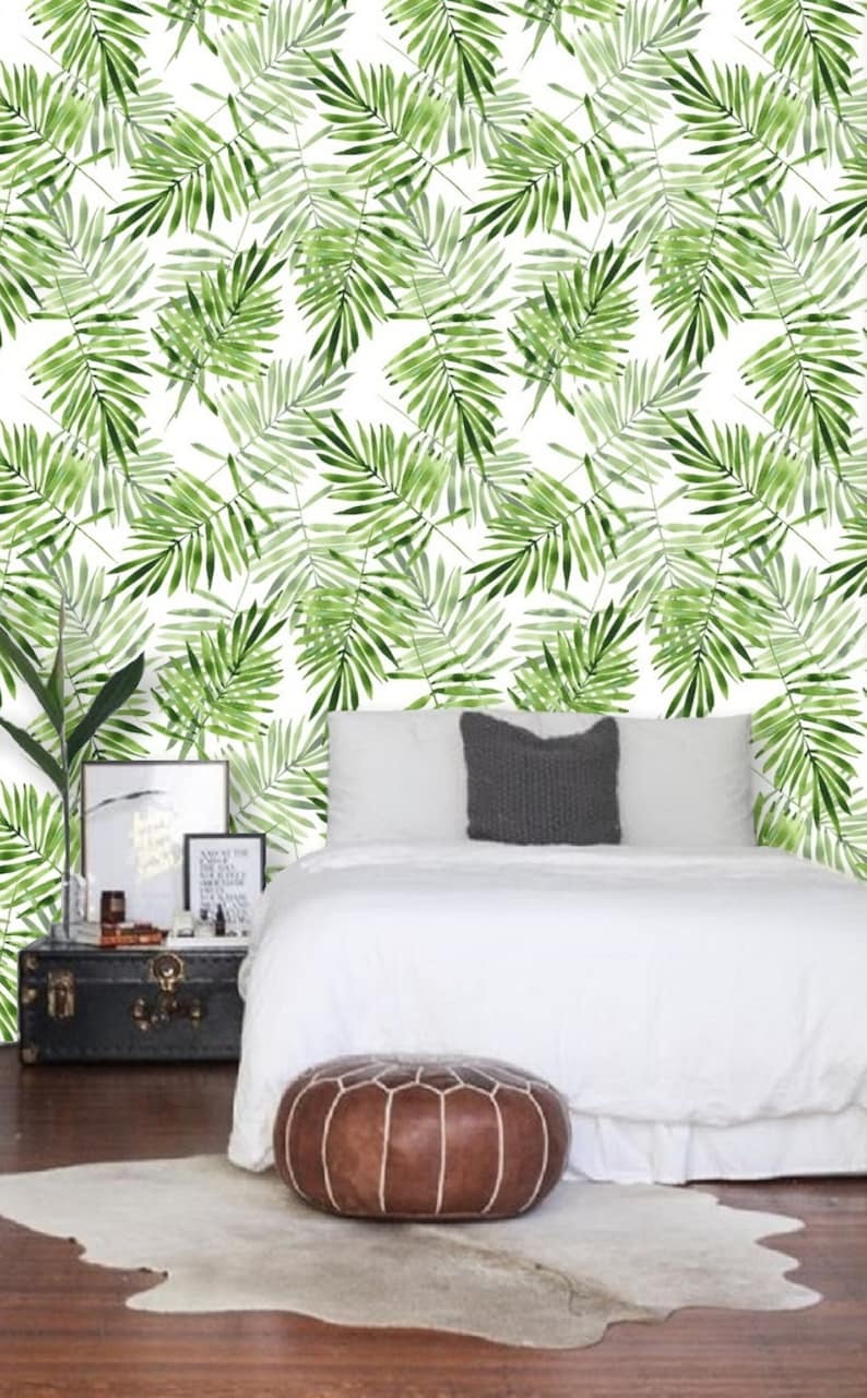 Green Palm Leaf Wallpaper, Nursery Neutral Leaves, Peel and Stick Wallpaper, Boho Tropical Wallpaper, Mural Wallpaper Greenery Prints 73 image 5