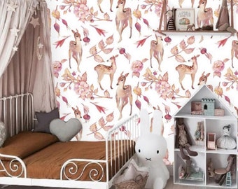 Bambi Deer in Forest Removable Wallpaper Mural, Floral Peel and Stick Wallpaper Woodland Animal Nursery Wallpaper, Baby Girl Room Decor #139