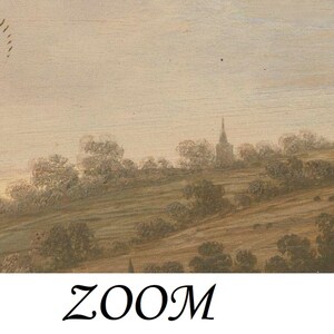 May include: A painting of a landscape with a church steeple in the distance. The sky is a light blue and the trees are a dark green. The ground is a light brown.