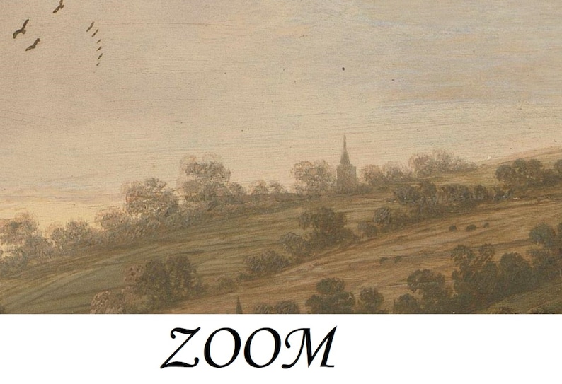 May include: A painting of a landscape with a church steeple in the distance. The sky is a light blue and the trees are a dark green. The ground is a light brown.