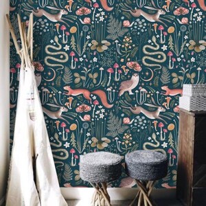 Green Red Dark Whimsical Cottagecore Nursery Wallpaper Midnight Blue Teal Background Removable Peel and Stick Wallpaper on Etsy