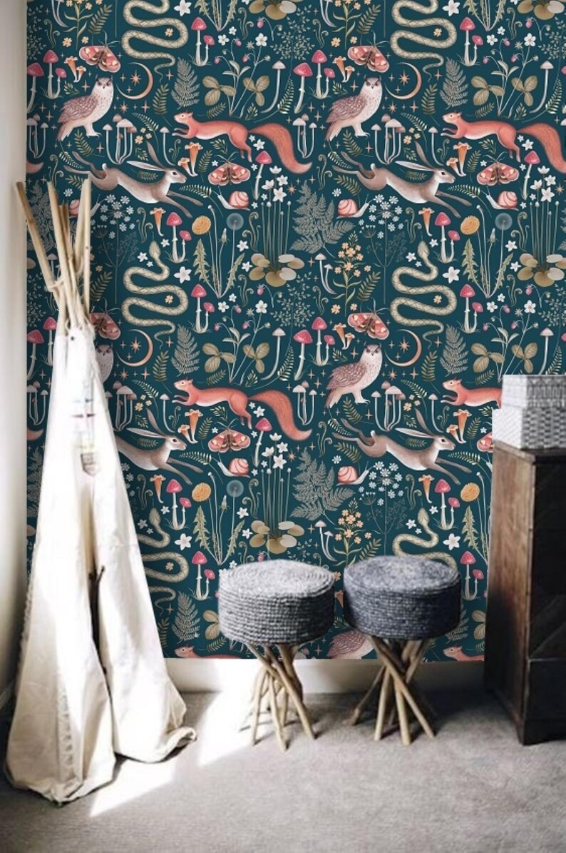 Green Red Dark Whimsical Cottagecore Nursery Wallpaper Midnight Blue Teal Background Removable Peel and Stick Wallpaper on Etsy