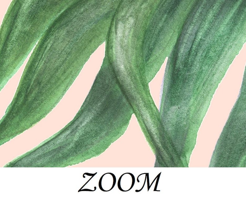 Peut inclure: Peinture &agrave; l'aquarelle de feuilles vertes superpos&eacute;es sur un fond rose clair. Les feuilles ont un aspect textur&eacute; et des nuances de vert vari&eacute;es. Le mot "ZOOM" est &eacute;crit en cursive en bas.