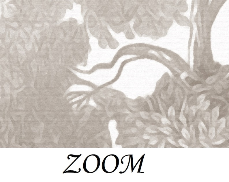 Puede incluir: Un primer plano de una pintura de acuarela de un &aacute;rbol con ramas y hojas en tonos grises. La palabra "ZOOM" est&aacute; escrita en cursiva negra en la parte inferior de la imagen.