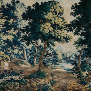 17th-century Verdure forest wallpaper mural in deep blue, muted green, and warm earthy tones, depicting mature trees, layered woodland foliage, delicate wildflowers, and a tranquil stream, evoking the refined beauty of a historic scenic tapestry with a fresh Modern Classic sensibility, for admirers of timeless European interiors, understated traditional decor, and sophisticated natural landscapes.