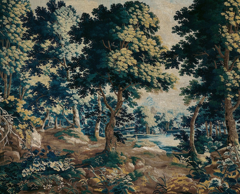 17th-century Verdure forest wallpaper mural in deep blue, muted green, and warm earthy tones, depicting mature trees, layered woodland foliage, delicate wildflowers, and a tranquil stream, evoking the refined beauty of a historic scenic tapestry with a fresh Modern Classic sensibility, for admirers of timeless European interiors, understated traditional decor, and sophisticated natural landscapes.