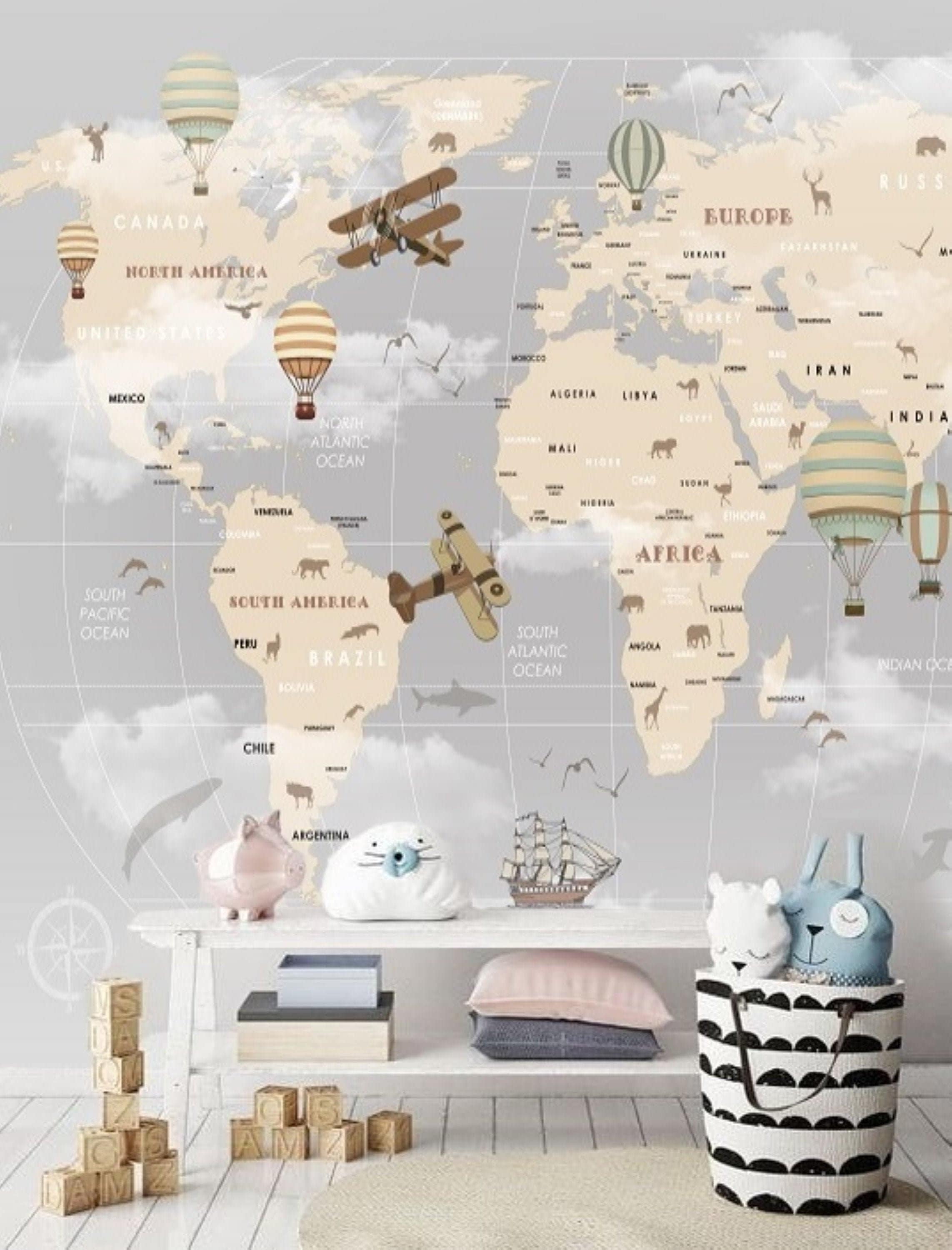 3D World Map Wallpaper - Cartoon Map with Baloons Mural Decor  for Nursery, Kids and Game Room - Removable and Reusable - One Piece, Easy  Installation (Peel and Stick, 197''Wx104'' H) 