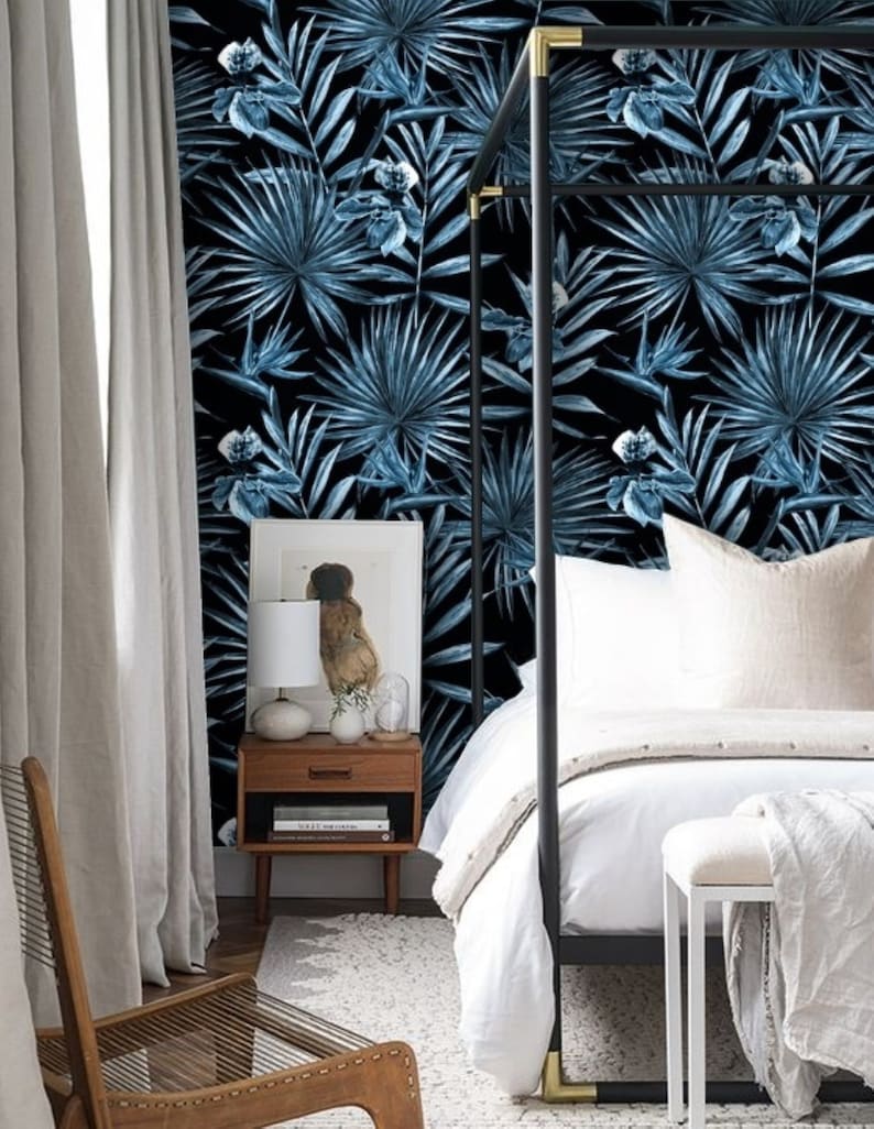 Blauw Palmblad behang, Peel en Stick Wallpaper Blauw, Palm Wallpaper Zwart, Tropisch Behang Zwart, Botanisch Behang Donkerblauw 102 afbeelding 7