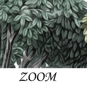 May include: Abstract painting of a forest scene with green and gray leaves. The painting has a textured look, like it was painted on canvas.