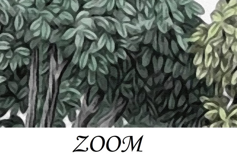 May include: Abstract painting of a forest scene with green and gray leaves. The painting has a textured look, like it was painted on canvas.