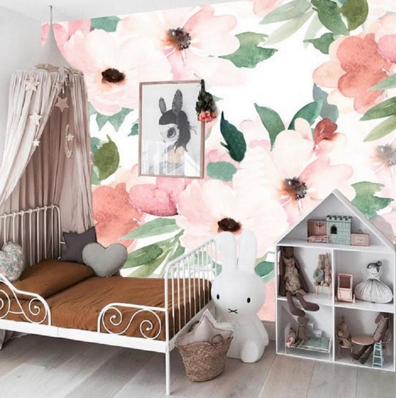 Baby Girl Nursery Peel and Stick Wallpaper Floral Watercolour Etsy