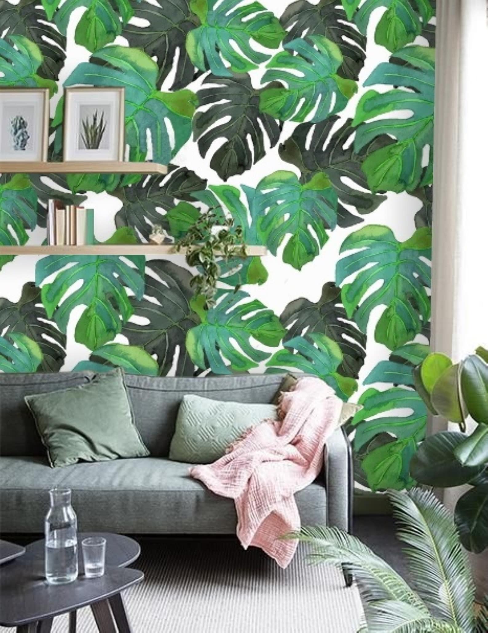 Monstera Leaf Wallpaper Wall Mural Removable Wallpaper Peel & | Etsy
