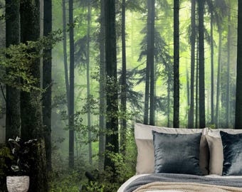 Evergreen Misty Forest Wall Mural, Woodland Wallpaper, Peel and Stick or Vinyl, Tranquil Nature Decor, Custom Size