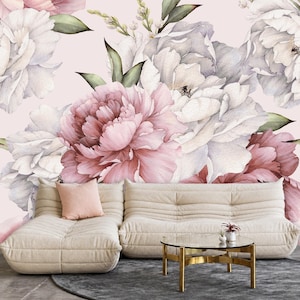 Dusty Pink White Grey Flower Peony Wallpaper Mural Light Pink Background Removable Peel and Stick on Etsy