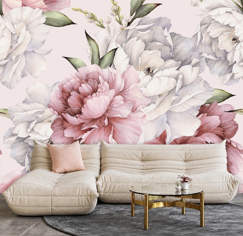 Dusty Pink White Grey Flower Peony Wallpaper Mural Light Pink Background Removable Peel and Stick on Etsy