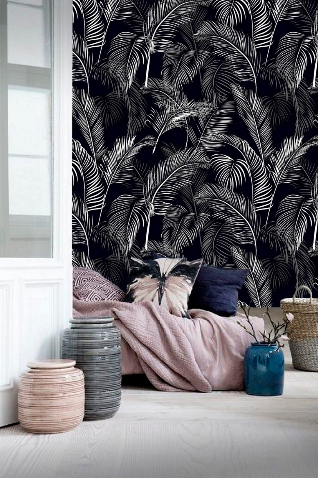 Black and White Palm Leaf Wallpaper, Removable Peel and Stick Prepasted ...