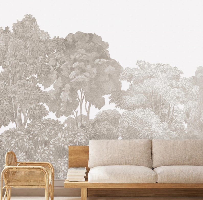 Grey Beige Neutral Tree Rain Forest Wallpaper Mural Peel and Stick on Etsy