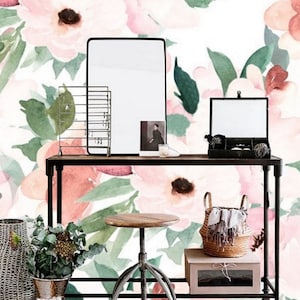 Carta da parati floreale rosa e verde, murale staccabile e attaccabile, decorazione moderna per la stanza delle ragazze adolescenti in stile boho, carta da parati per la camera dei bambini, carta da parati facile da rimuovere