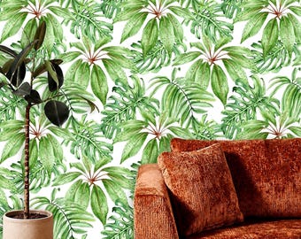 Bright Green Watercolor Tropical Leaves Wall Mural, Removable Peel and Stick Prepasted, Dopamine Decor Maximalist, Plant Wallpaper Bathroom