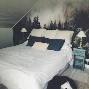 Foggy Forest Wallpaper Mural Peel and Stick Wall Paper, Removable Wallpaper Forest Mural Remove Wallpaper, Green Misty Forest Wall Mural #92