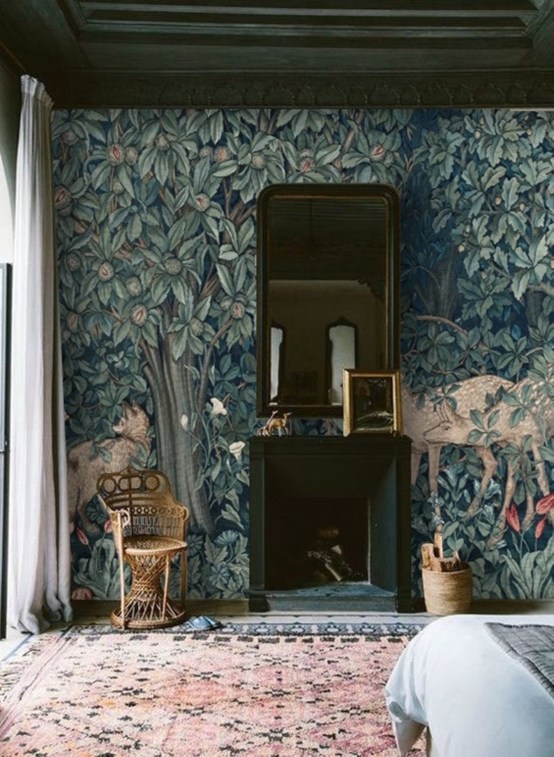 vintage forest wall mural wallpaper peel and stick forest animals wallpaper kids room wall decor blue green forest wallpaper william morris wall art for living room bedroom dining room design by tapetshow