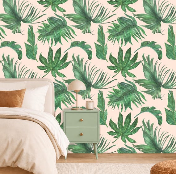 Banana Leaf Wallpaper Green and Pink, Removable Peel and Stick Prepasted Renter Friendly, Cute Preppy Decor, Fun Wallpaper for Sunroom