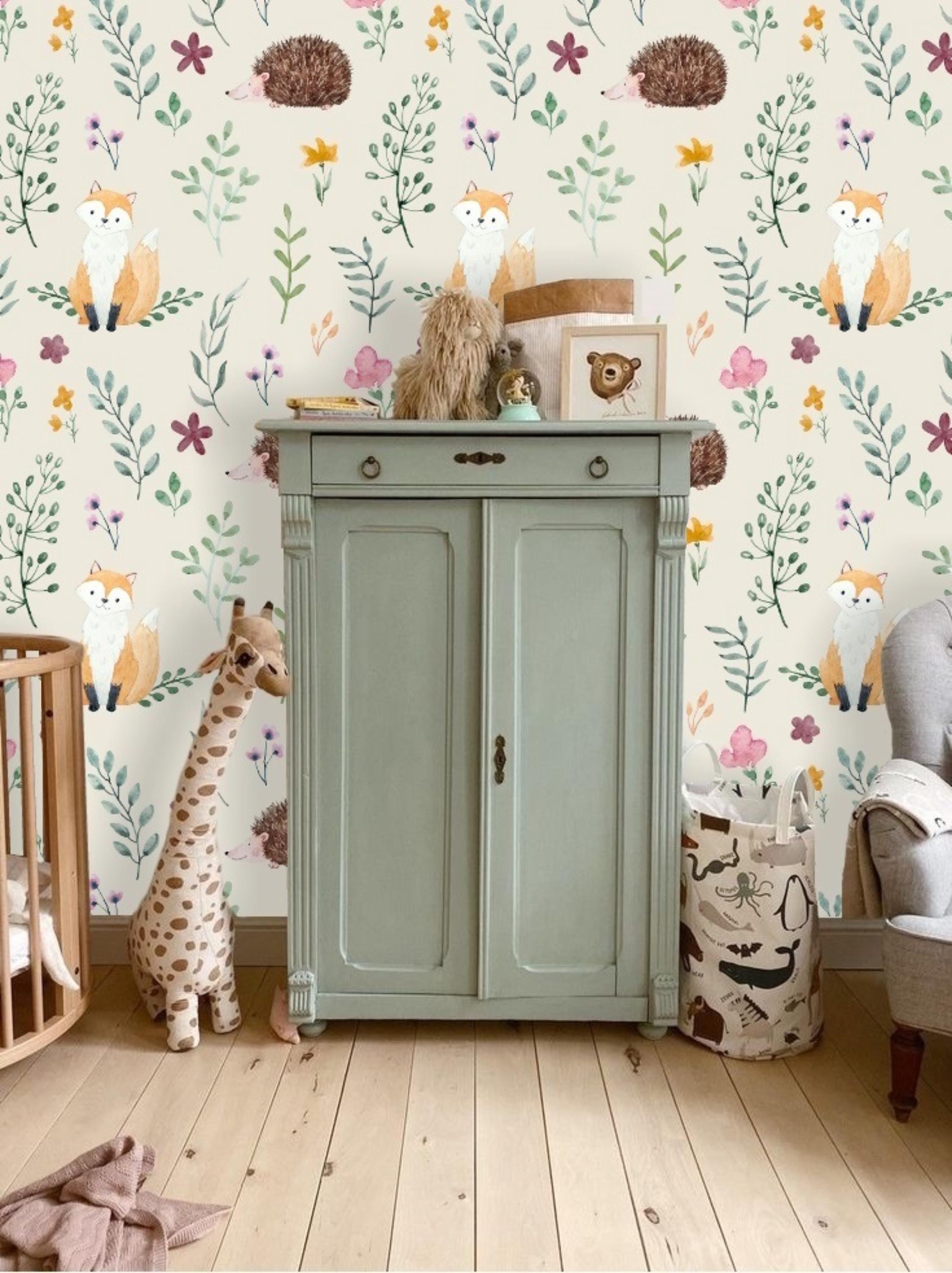 Bosvrienden behang lichte kleuren, verwijderbare peel and stick  voorgelijmd, bosdieren kinderkamer decor, neutraal behang voor kinderkamer  - Etsy België, image size:2245x3000