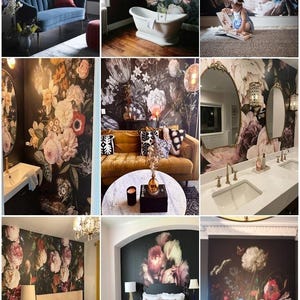 Papel tapiz de peonías rosas, rojas y blancas con fondo negro, extraíble, despegable y pegable, decoración floral oscura, papel tapiz encantador para una boutique elegante. imagen 13