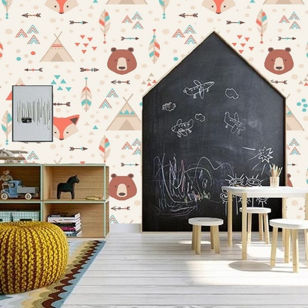 Animal Wallpaper Childrens Room Decor, Wall Mural Removable Wallpaper Peel & Stick Mural, Teepee Wallpaper Self Adhesive Wall Paper Kids #5