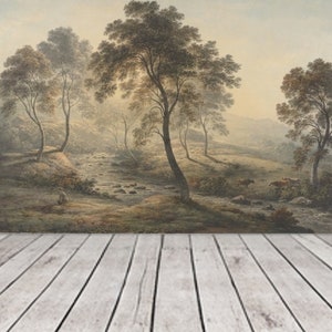 retro antique river and rural sunrise landscape mural wallpaper peel and stick modern living room decor gift for new home