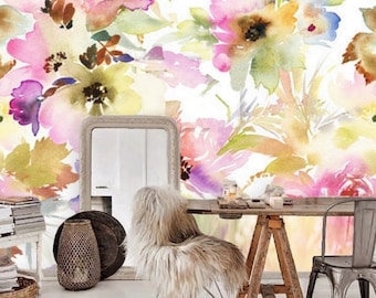 Fuchsia Pink Floral Wallpaper Watercolor Bloom, Removable Peel and Stick Prepasted, Jewel Tone Decor, Colorful Wallpaper for Girl Room