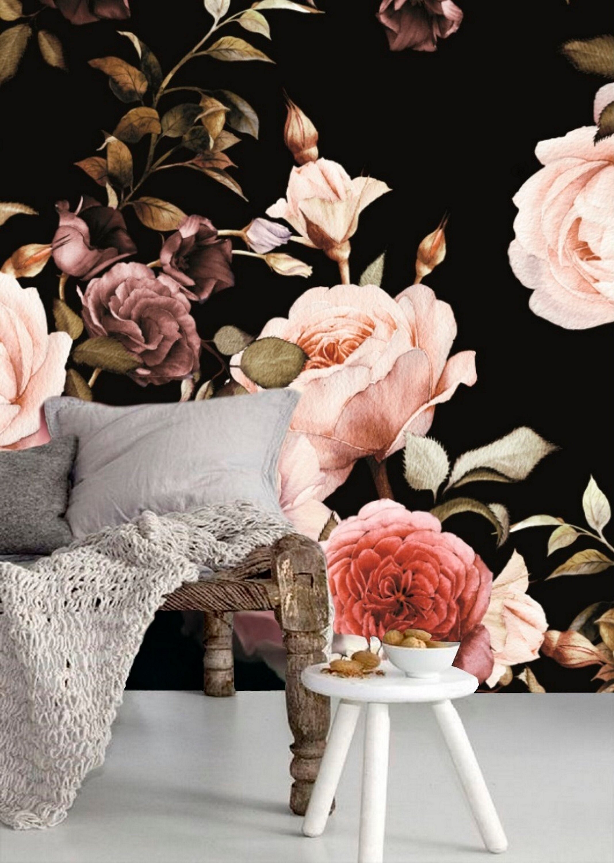 Peel and Stick Floral Wallpaper Mural Black Floral Wallpaper - Etsy