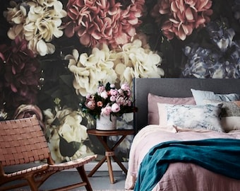 Dark Floral Mural Wallpaper Remove, Peel and Stick Wallpaper Floral Wall Mural Removable, Wallpaper Flower Nursery Wallpaper Girl Decal #150