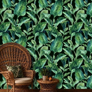Emerald Green Banana Leaf Wall Mural Black Background Seamless Repeat Pattern Removable Peel and Stick Wallpaper on Etsy