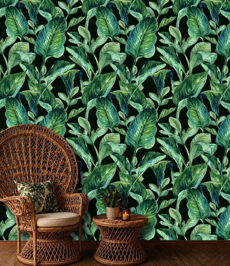 Emerald Green Banana Leaf Wall Mural Black Background Seamless Repeat Pattern Removable Peel and Stick Wallpaper on Etsy